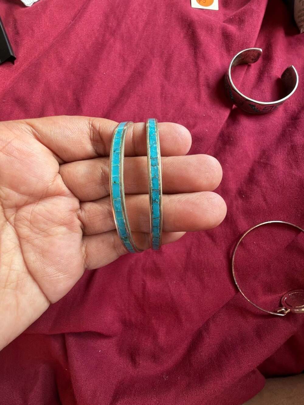 Vintage Alpaca Silver Turquoise Inlay Channel Bangle Bracelets Set of 2